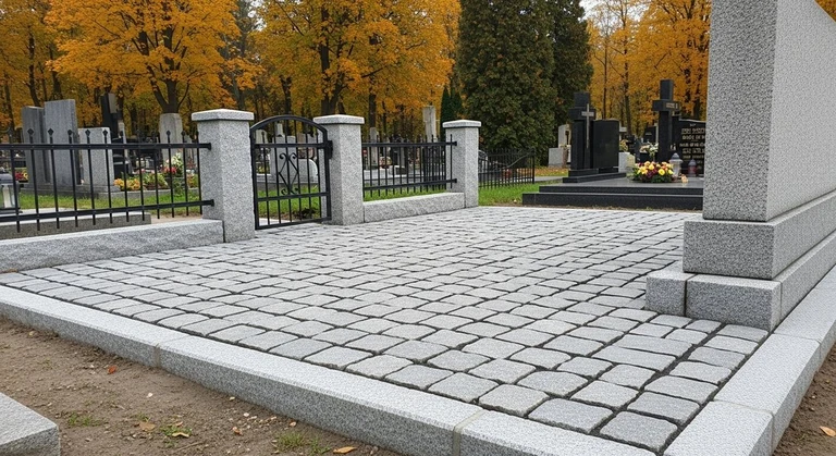 Благоустройство захоронений в Белгороде — мощение гранитной плиткой, цоколь и ограда на ухоженном участке