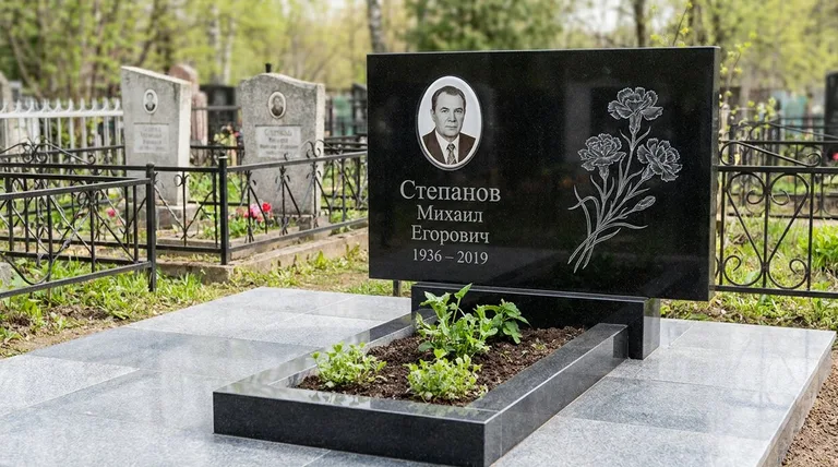 Памятник с гравировкой гвоздик — выполненная работа «Степанов» в Белгороде