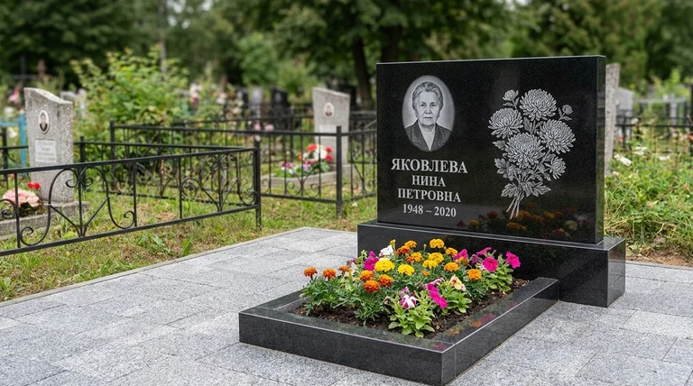 Гравировка хризантем на памятник в Белгороде — пример работы на граните
