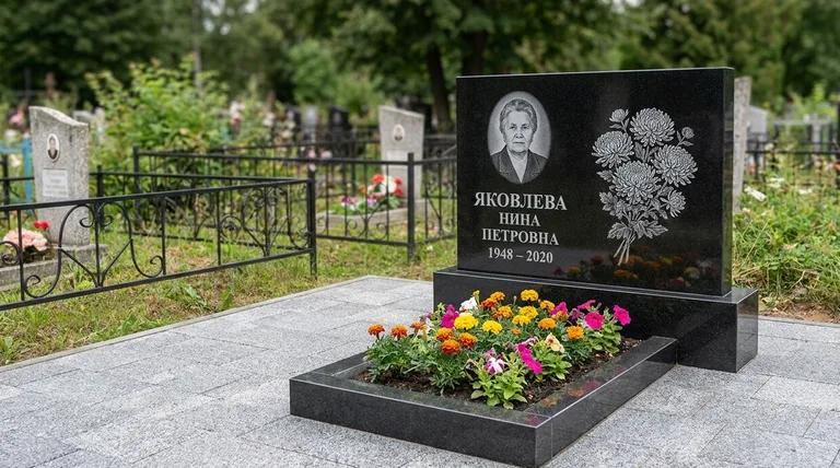 Памятник с гравировкой хризантем — выполненная работа «Соколов» в Белгороде