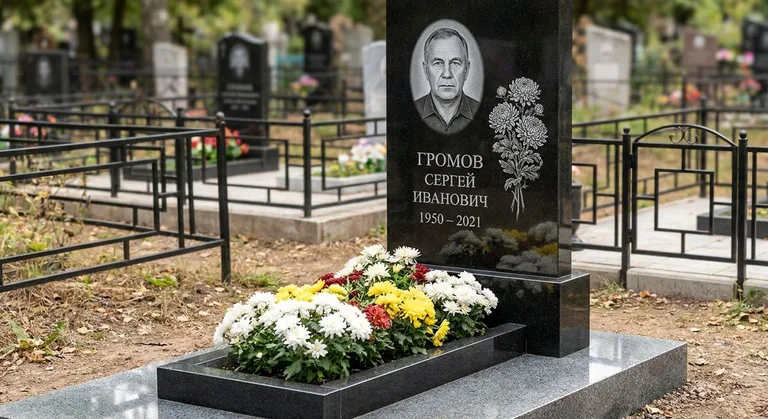 Памятник с гравировкой хризантем — выполненная работа «Громов» в Белгороде