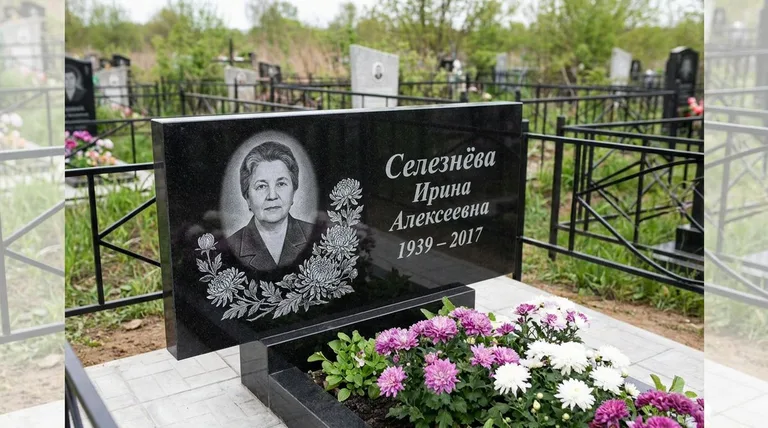 Памятник с гравировкой хризантем — выполненная работа «Селезнёва» в Белгороде
