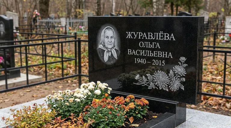 Памятник с гравировкой хризантем — выполненная работа «Журавлёва» в Белгороде