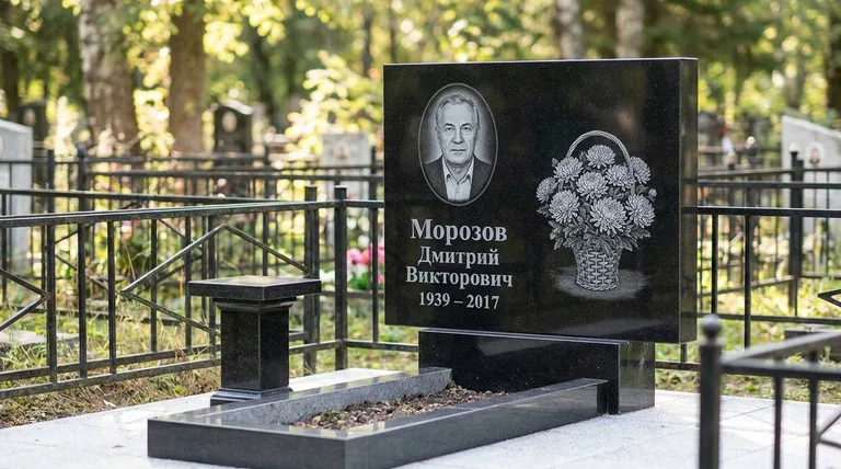 Памятник с гравировкой хризантем — выполненная работа «Морозов» в Белгороде