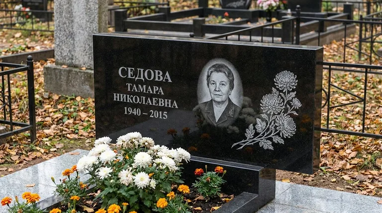 Памятник с гравировкой хризантем — выполненная работа «Седова» в Белгороде