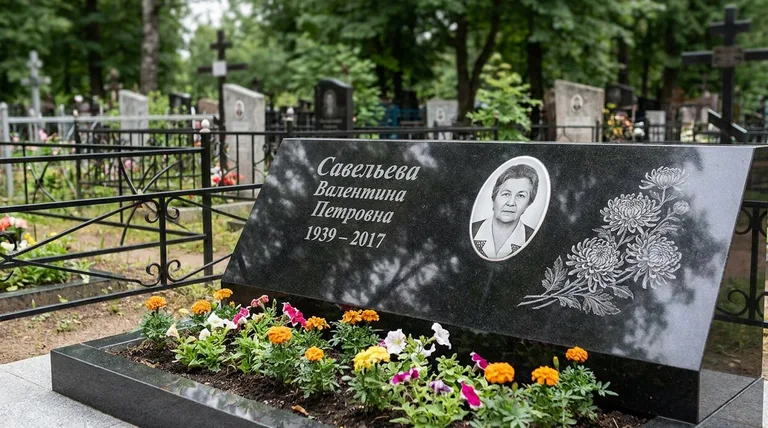 Памятник с гравировкой хризантем — выполненная работа «Савельева» в Белгороде