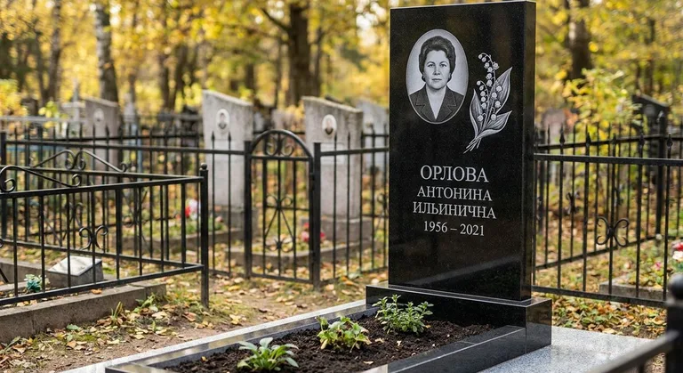 Памятник с гравировкой ландышей — выполненная работа «Орлова» в Белгороде
