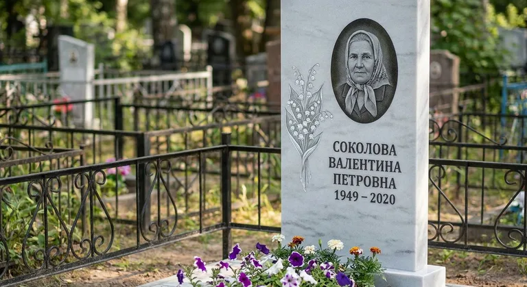 Памятник с гравировкой ландышей — выполненная работа «Соколова» в Белгороде
