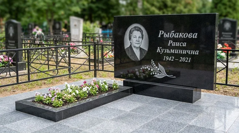 Памятник с гравировкой ландышей — выполненная работа «Рыбакова» в Белгороде