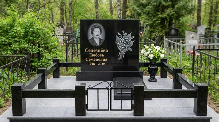 Памятник с гравировкой ландышей — выполненная работа «Селезнёва» в Белгороде