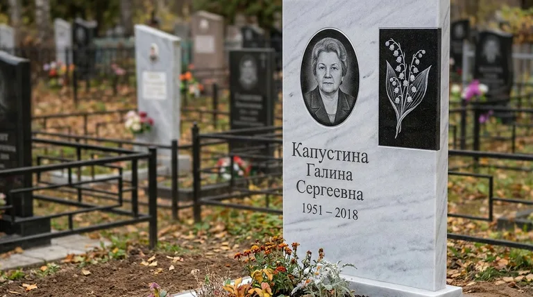 Памятник с гравировкой ландышей — выполненная работа «Капустина» в Белгороде