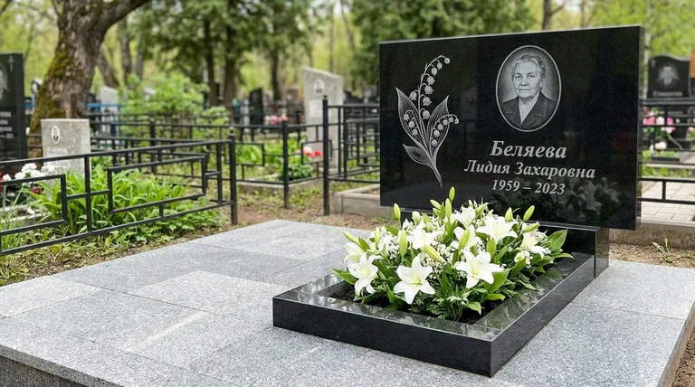 Памятник с гравировкой ландышей — выполненная работа «Беляева» в Белгороде