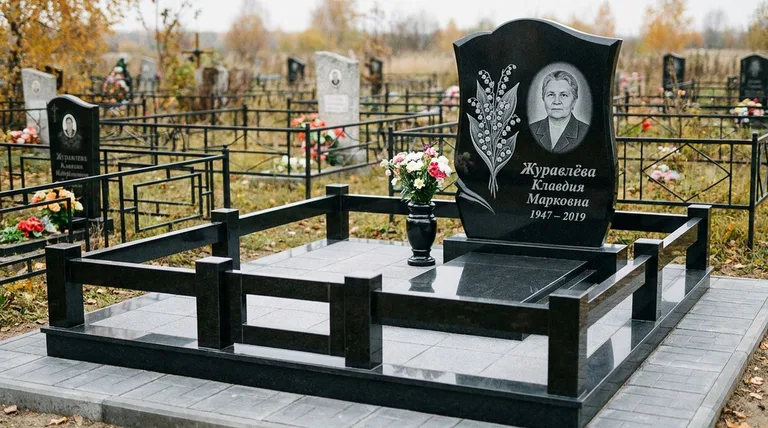 Памятник с гравировкой ландышей — выполненная работа «Журавлёва» в Белгороде