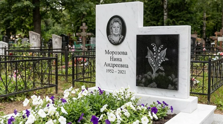 Памятник с гравировкой ландышей — выполненная работа «Морозова» в Белгороде