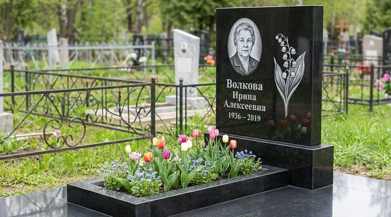 Памятник с гравировкой ландышей — выполненная работа «Волкова» в Белгороде