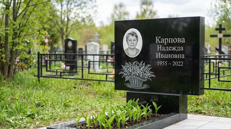 Памятник с гравировкой ландышей — выполненная работа «Карпова» в Белгороде