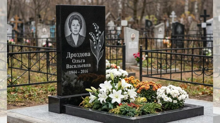 Памятник с гравировкой ландышей — выполненная работа «Дроздова» в Белгороде
