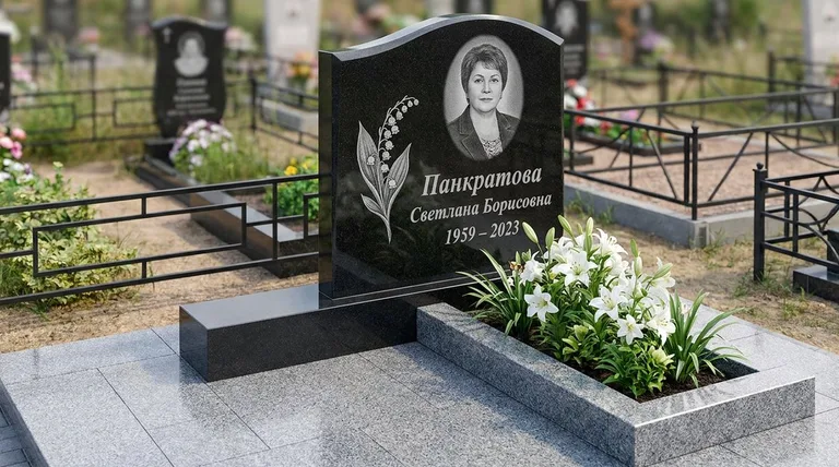 Памятник с гравировкой ландышей — выполненная работа «Панкратова» в Белгороде