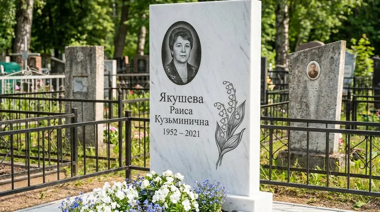 Памятник с гравировкой ландышей — выполненная работа «Якушева» в Белгороде
