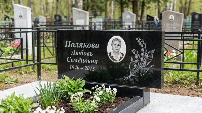 Памятник с гравировкой ландышей — выполненная работа «Полякова» в Белгороде
