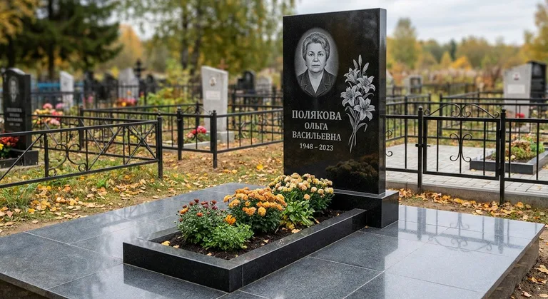 Памятник с гравировкой лилий — выполненная работа «Полякова» в Белгороде