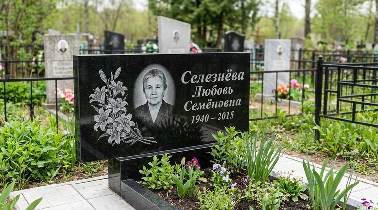 Памятник с гравировкой лилий — выполненная работа «Селезнёва» в Белгороде