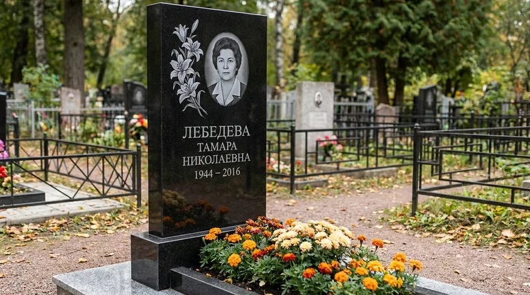 Памятник с гравировкой лилий — выполненная работа «Лебедева» в Белгороде