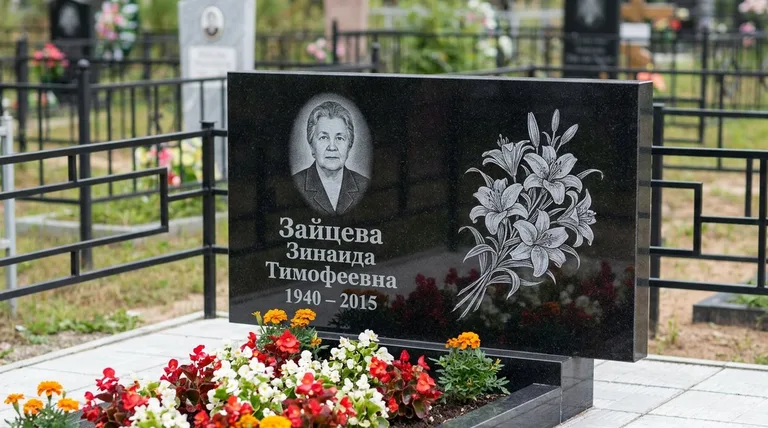Памятник с гравировкой лилий — выполненная работа «Зайцева» в Белгороде