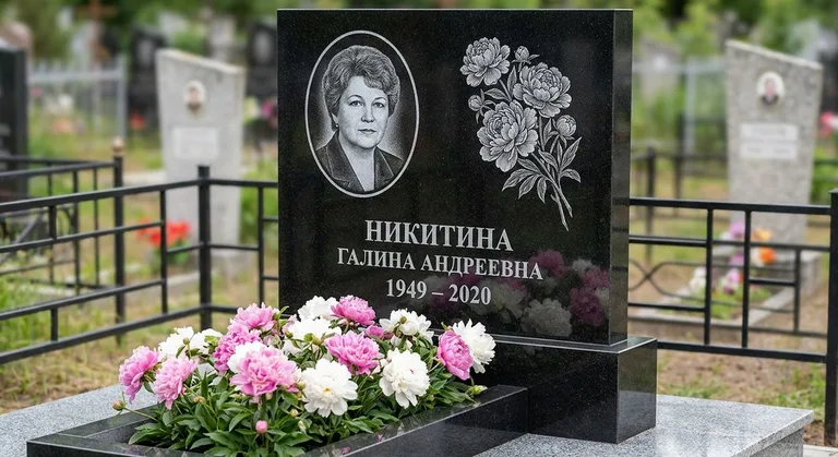 Памятник с гравировкой пионов — выполненная работа «Никитина» в Белгороде