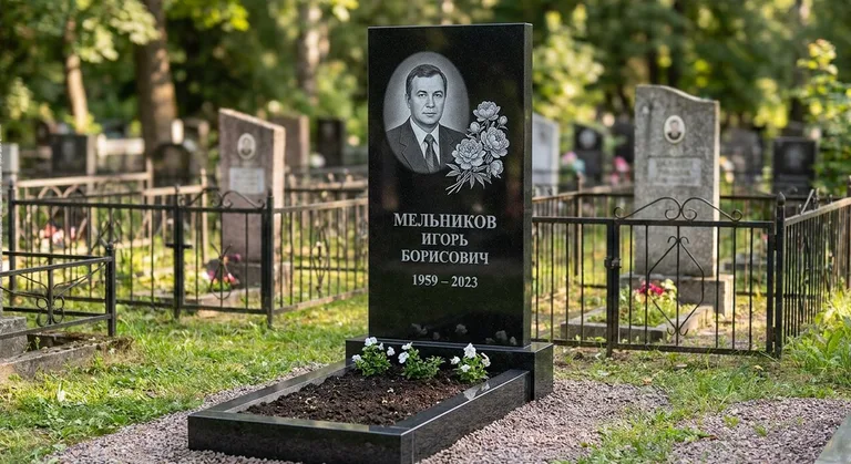 Памятник с гравировкой пионов — выполненная работа «Мельников» в Белгороде