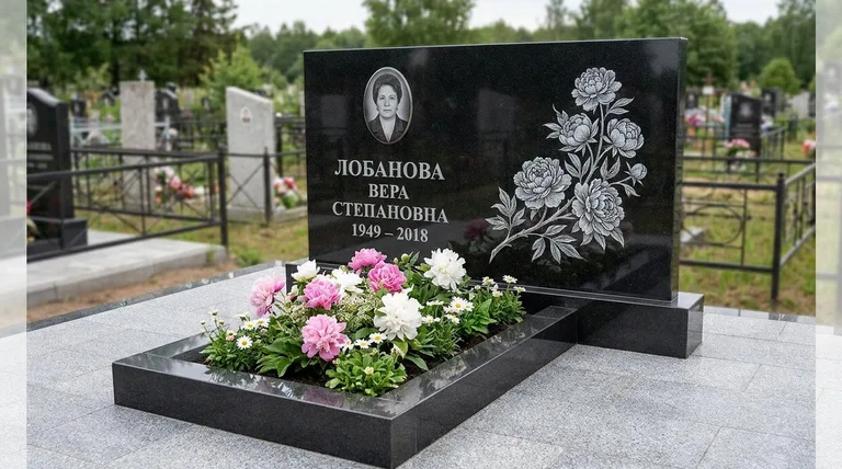 Памятник с гравировкой пионов — выполненная работа «Лобанова» в Белгороде