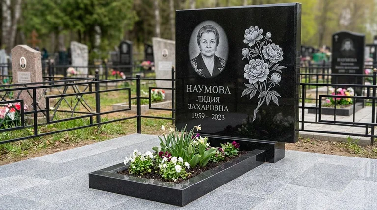 Памятник с гравировкой пионов — выполненная работа «Наумова» в Белгороде
