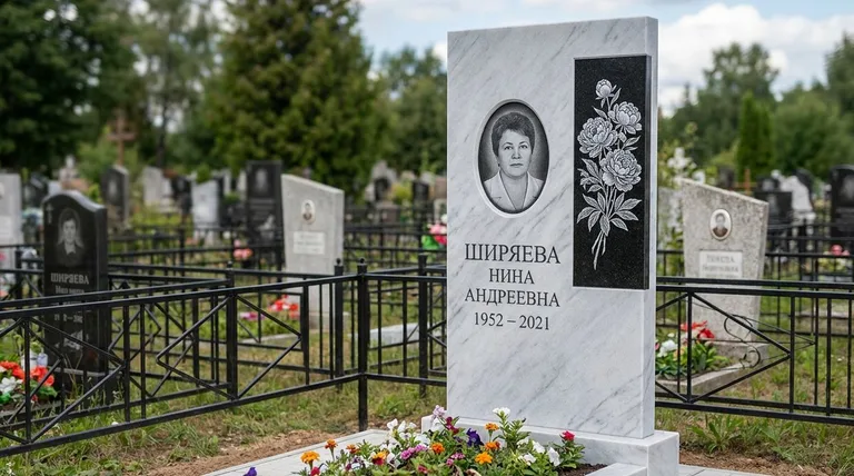 Памятник с гравировкой пионов — выполненная работа «Ширяева» в Белгороде