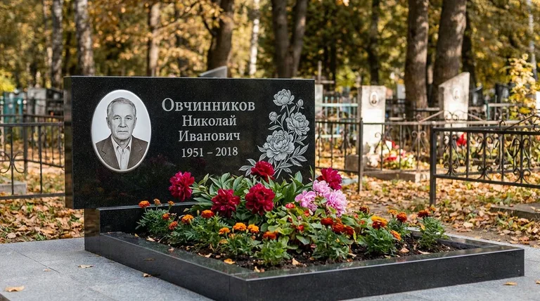 Памятник с гравировкой пионов — выполненная работа «Овчинников» в Белгороде