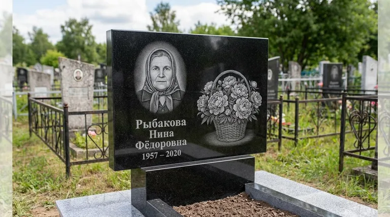 Памятник с гравировкой пионов — выполненная работа «Рыбакова» в Белгороде