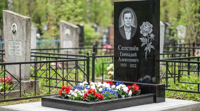 Памятник с гравировкой пионов — выполненная работа «Селезнёв» в Белгороде