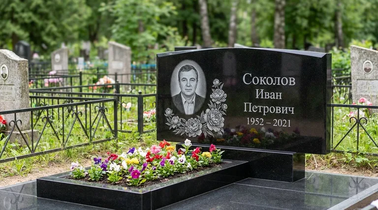 Памятник с гравировкой пионов — выполненная работа «Соколов» в Белгороде