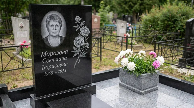 Памятник с гравировкой пионов — выполненная работа «Морозова» в Белгороде