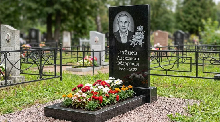 Памятник с гравировкой пионов — выполненная работа «Зайцев» в Белгороде