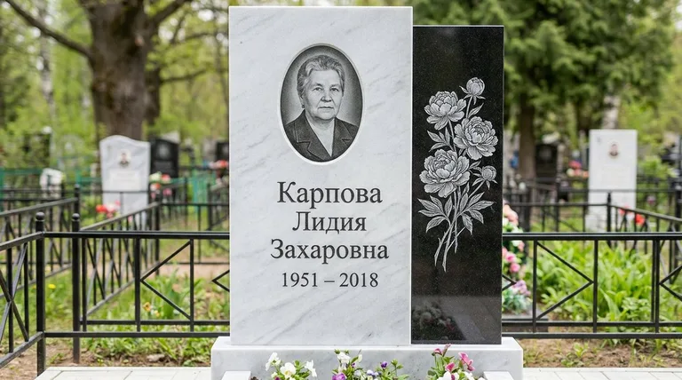 Памятник с гравировкой пионов — выполненная работа «Карпова» в Белгороде