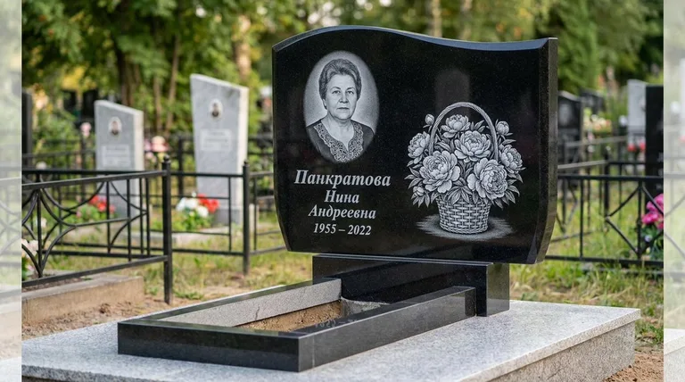Памятник с гравировкой пионов — выполненная работа «Панкратова» в Белгороде