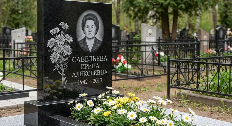 Памятник с гравировкой ромашек — выполненная работа «Савельева» в Белгороде