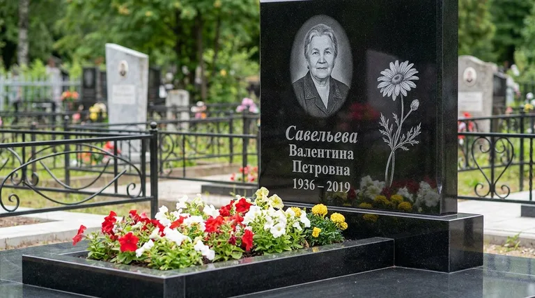 Памятник с гравировкой ромашек — выполненная работа «Савельева» в Белгороде