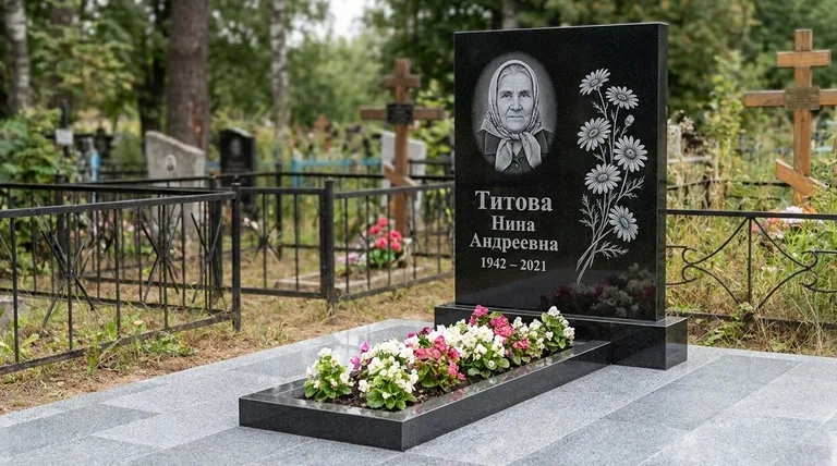 Памятник с гравировкой ромашек — выполненная работа «Титова» в Белгороде