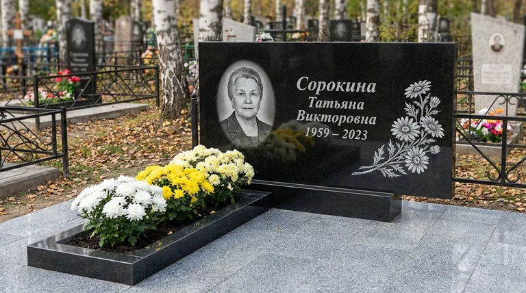 Памятник с гравировкой ромашек — выполненная работа «Сорокина» в Белгороде