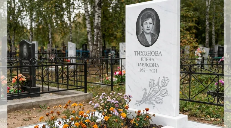 Памятник с гравировкой тюльпанов — выполненная работа «Тихонова» в Белгороде