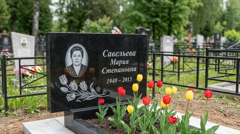 Памятник с гравировкой тюльпанов — выполненная работа «Савельева» в Белгороде