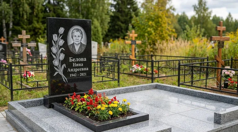 Памятник с гравировкой тюльпанов — выполненная работа «Белова» в Белгороде