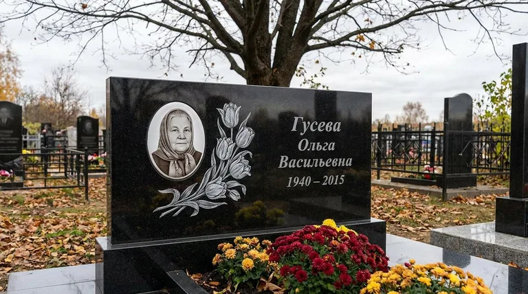 Памятник с гравировкой тюльпанов — выполненная работа «Гусева» в Белгороде
