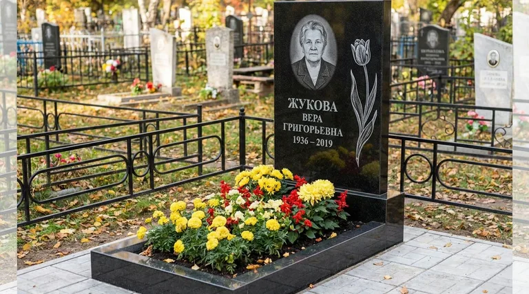 Памятник с гравировкой тюльпанов — выполненная работа «Жукова» в Белгороде
